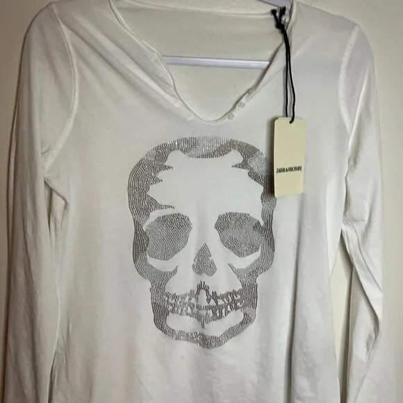 ZADIG & VOLTAIRE Tunisien Tee Top Henley White Rhinestone Skull LS Size S - Picture 4 of 7